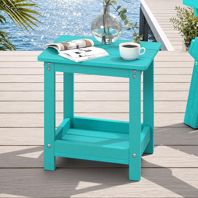 LUE BONA Outdoor Side Table, 2-Tier HDPE Small Outdoor End Table with Rail for Patio, Deck, Poolside, Low Maintenance & Weather Resistant, Aruba Blue