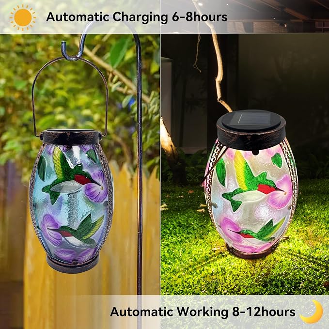 Hummingbird Solar Lanterns Glass & Metal Hanging Solar Lantern Outdoor Waterproof 13.8" H Tabletop Light for Garden Patio Table Decor Mother's Day Gift