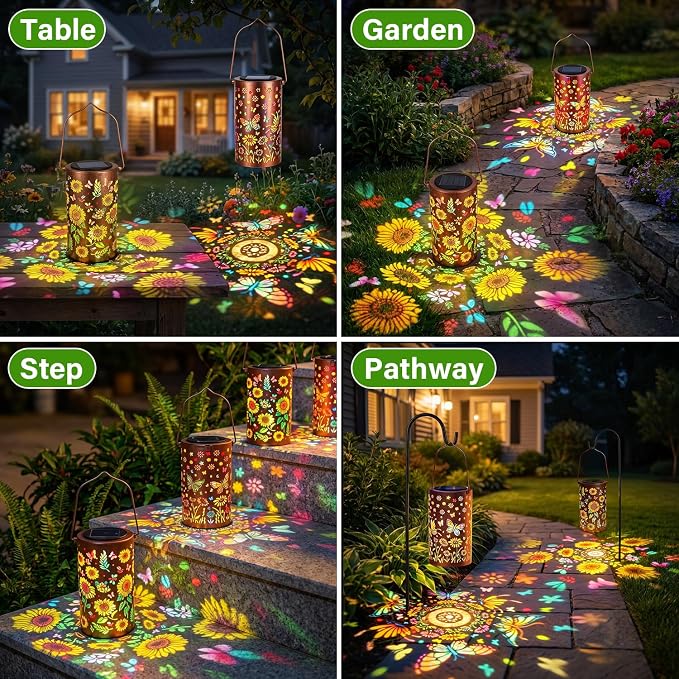 Garden Decor - [2 Pack] Colorful Hanging Solar Lanterns Outdoor Waterproof, Sunflower + Butterfly Solar Lantern for Courtyard Patio Table Step Front Porch Decor, Gifts for Mom Wife Grandma Friends