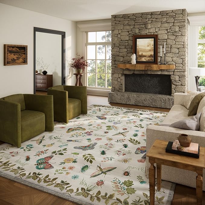 Washable Area Rugs for Living Room: 9x12 Bedroom Rug Vintage Large Rugs Stain Resistant Non Slip Low Pile Soft Carpet for Kitchen Dining Room Farmhouse Nursery Kids Room