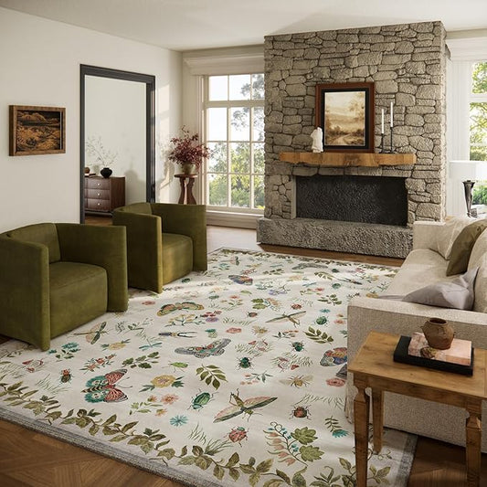Washable Area Rugs for Living Room: 9x12 Bedroom Rug Vintage Large Rugs Stain Resistant Non Slip Low Pile Soft Carpet for Kitchen Dining Room Farmhouse Nursery Kids Room