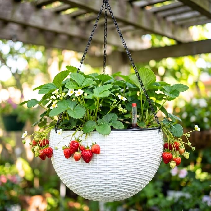 LaLaGreen Hanging Planters for Indoor Plants (11 Inch, 3 Pack) Self-Watering Round Flower Pots with Water Level Indicator, White Rattan Style Baskets with Metal Chain for Balcony, Porch Garden Outdoor