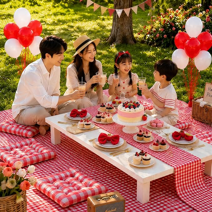 Cinrobiye Boho Picnic Party Set for Outdoor, Aesthetic Picnic Setup with Large Picnic Blanket, Floor Cushions, Table Runner, Napkins, Balloons for Wedding, Bridal Shower, Birthday(Red)