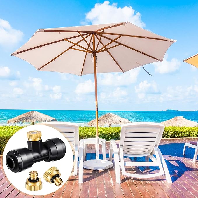 72 Pieces Brass Misting Nozzles Include Water Misting Tees Thread 1/4 Inch and Brass Orifice Nozzle with Black Plug for DIY Outdoor Patio Garden Backyard Cooling Spray System