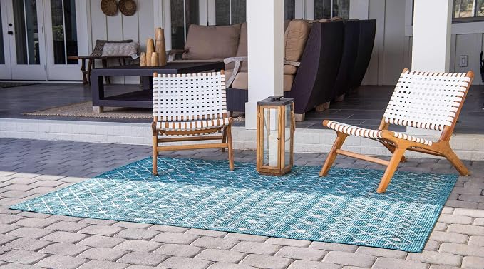 Unique Loom Outdoor Trellis Collection Area Rug - Tribal Trellis (7' 1" x 10' Rectangle, Teal/ Ivory)