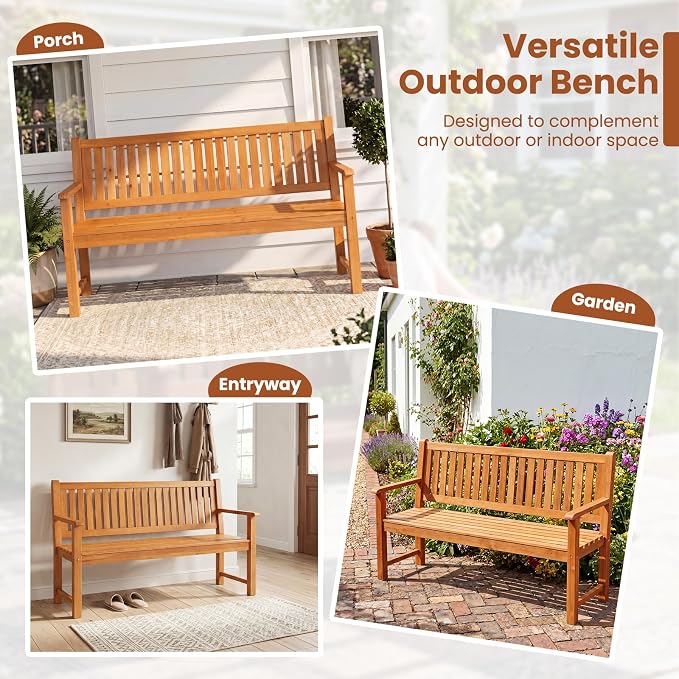 Tangkula 3-Seater Outdoor Wooden Bench, 59” Large Garden Bench with Backrest, Armrests, Slatted Seat, Loads up to 990 LBS, Fir Wood Bench Seating for Porch, Backyard, Deck, Poolside (59",Natural)
