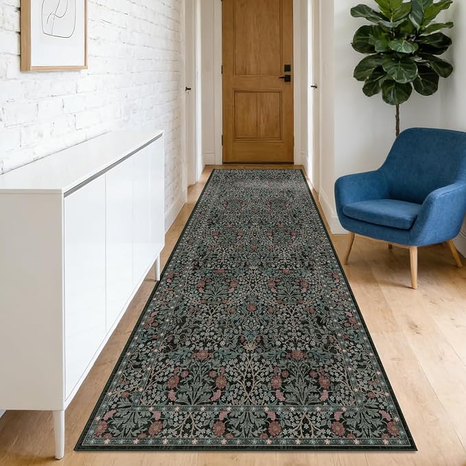 Washable 2'6" x 8' Runners for Hallways, Non Slip Long Floor Runner for Kitchen, Entryway Indoor, Stain Resistant Rubber Backing Floral Décor Rug (Dark Green)