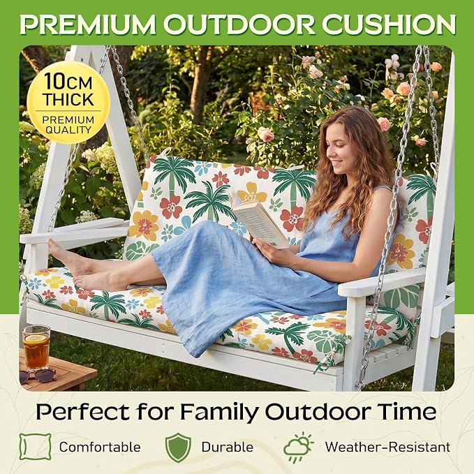 Outdoor Swing Cushion with Backrest, Tie Straps & Memory Foam - Replacement for Porch Bench 2/3 Seater, Oxford Fabric (Tropical RED, 60 INCH × 40 INCH)