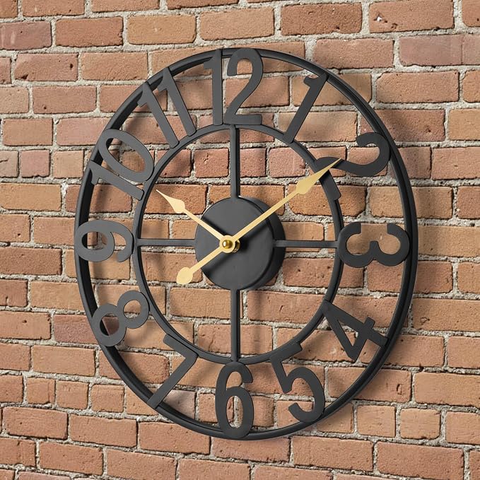 Outdoor Clock, 18 Inch Large Metal Wall Clock, Silent Battery Operated Retro Round Indoor Decorative Clock for Living Room, Kitchen, Bedroom, Patio, Pool, Garden, Fence, Lanai- Black
