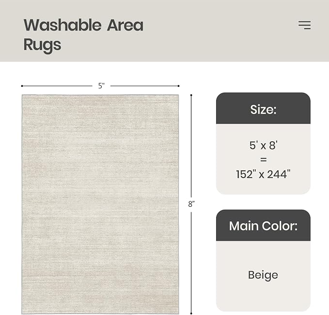 Valenrug 7x9 Area Rug Non Slip, Washable Area Rugs for Living Room, Beige | Soft Low Pile, Thin & Lighweight Carpet, Folable Stain Resistant Modern Indoor Floor Mat for Bedroom, Dining Room, Home Decor