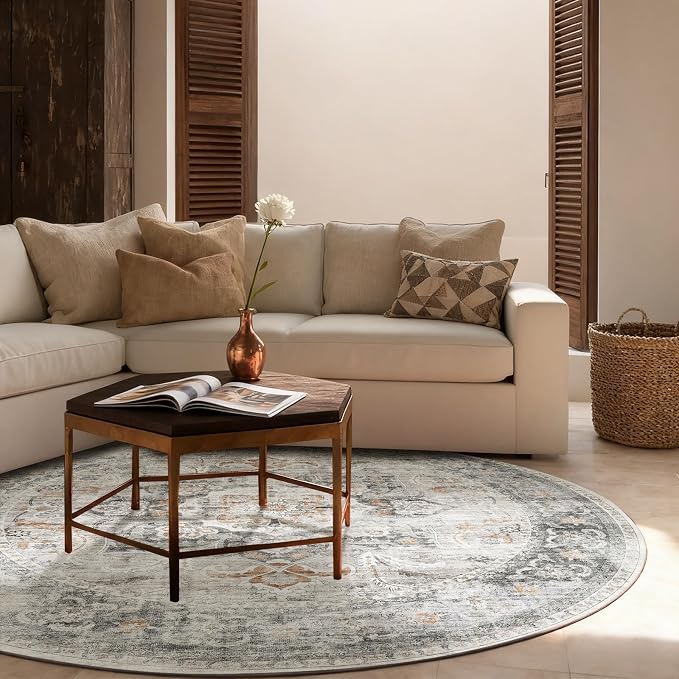 4ft Washable Round Rugs for Bedroom: Circle Living Room Rug Boho Vintage Non Slip Low Pile Soft Faux Wool Non Shedding Small Carpet for Kitchen Entryway Bathroom Bedside Office Dorm Farmhouse Indoor