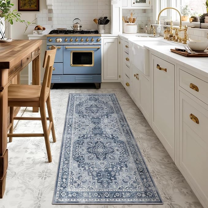 Blue Gray 2x6 Hallway Runner Rug, Carpet Runners 6ft for Kitchen Non Slip Washable, Modern Vintage Floor Runner for Entryway Foyer, Transitional Rug Runner for Bathroom Bedroom Laundry Room
