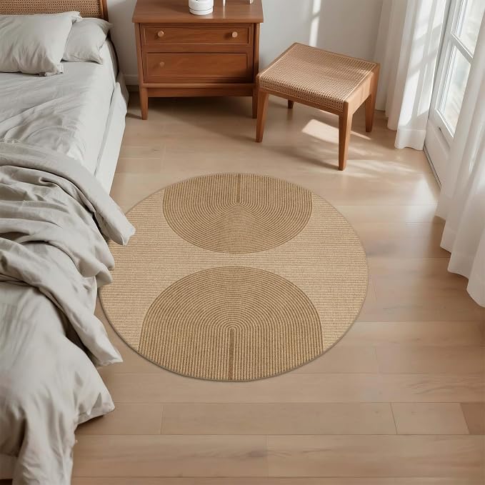 Easy Jute Round Rug 3ft: Outdoor Natural Area Rugs for Front Patio Linen-Look Fabric Durable - Neutral Carpet Mat for Entryway Bathroom Non-Slip - Geometric Arch Pattern