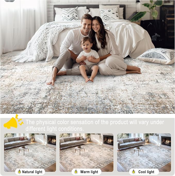 PLHXFR Area Rug Living Room: 4x6 Abstract Washable Carpet Brown Grey | For Bedroom Dining Room Farmhouse Nursery Home,Machine washable,Non Slip,Large Soft Neutral,Stain Resistant, Indoor Floor