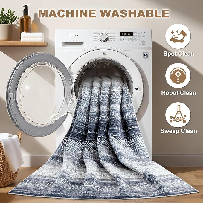 Nakagishi Boho 10x12 Area Rug Living Room Rugs Machine Washable Blue | Soft, Pet & Kid Friendly, Carpet for Living Room/Bedroom/Office/Kitchen/Nursery, Daily Home Decor Stain Resistant Moroccan