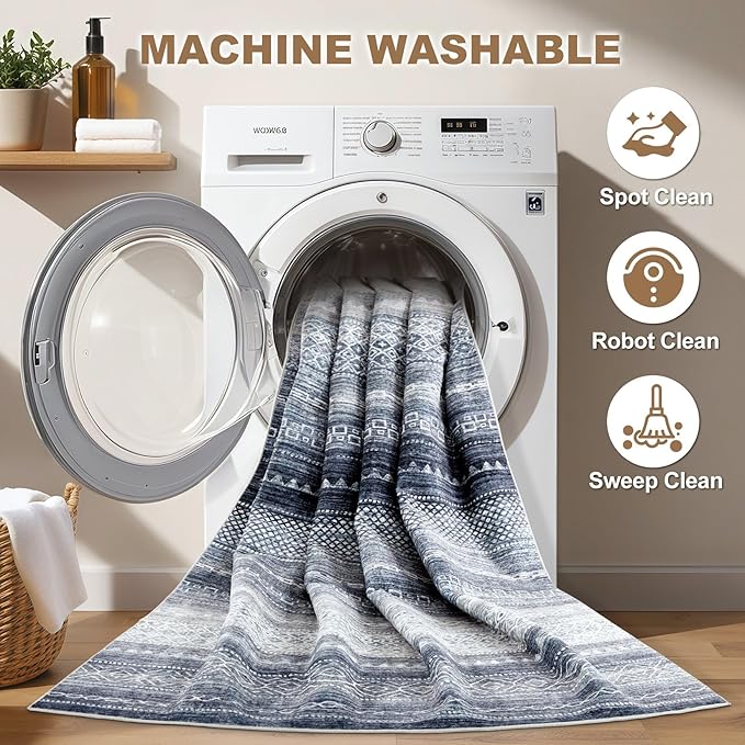 Nakagishi Boho 9x12 Area Rug Living Room Rugs Machine Washable Blue | Soft, Pet & Kid Friendly, Carpet for Living Room/Bedroom/Office/Kitchen/Nursery, Daily Home Decor Stain Resistant Moroccan