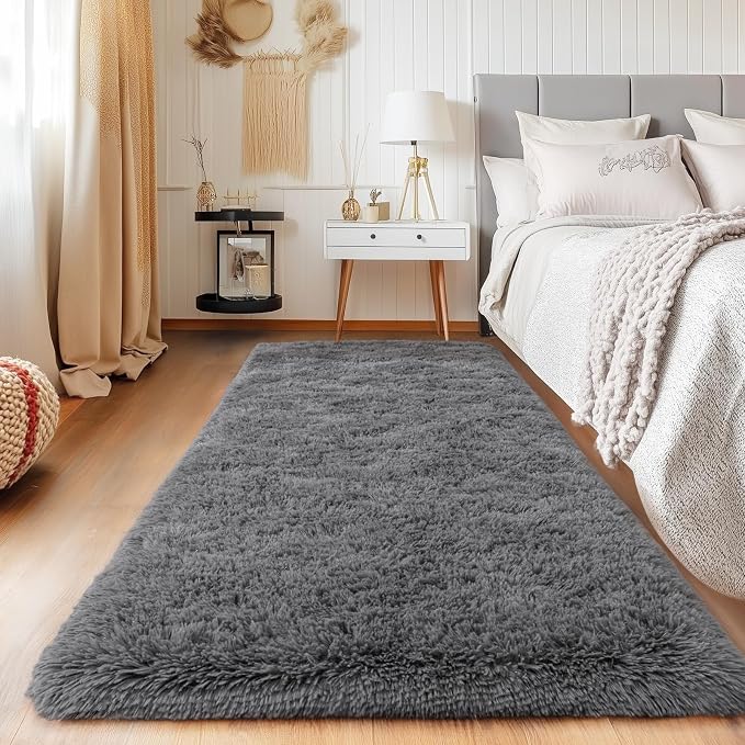 Grey Runner Rugs for Bedroom 2x6, Long Runners for Hallway Entryway Dorm Living Room, Upgrade Non-Slip Fluffy Rug for Kids Girls and Boys, Nursery Rooms, Home Decor Aesthetic