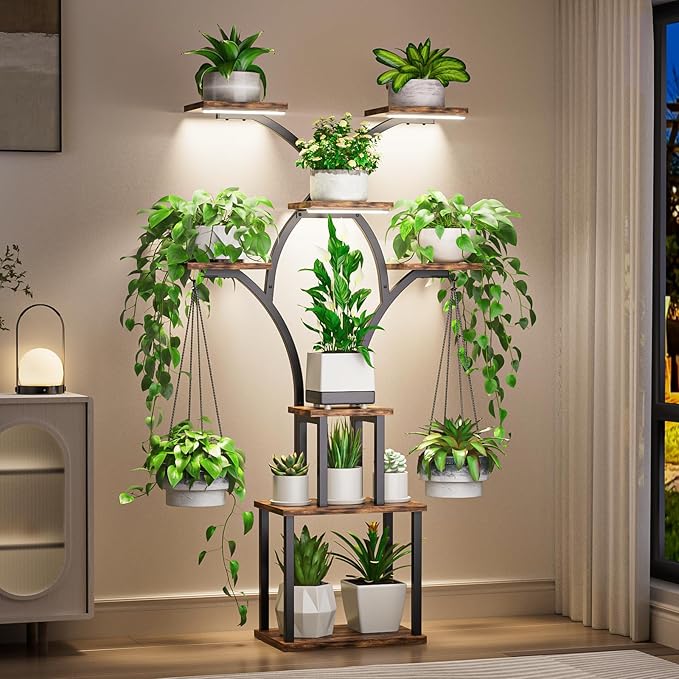 Elbourn 8 Tiered 60" Tall Plant Stand Indoor Shelf with Grow Lights (Brown) | Corner Shelf Decor