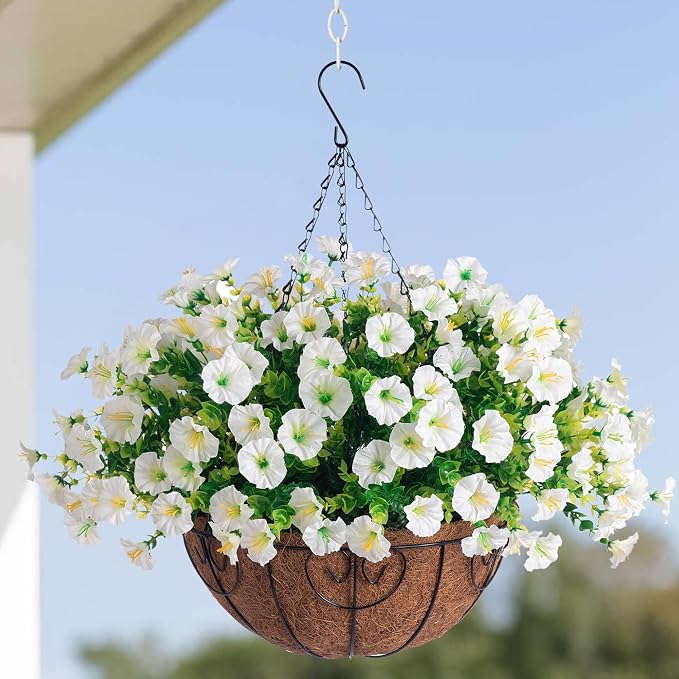 Artificial Fake Hanging Flowers Plants Baskets Spring Outdoor Decor, Outdoor Faux Silk White Morning Glory Eucalyptus in Planter UV Resistant Realistic for Outside Porch Patio Balcony Garden Yard Home