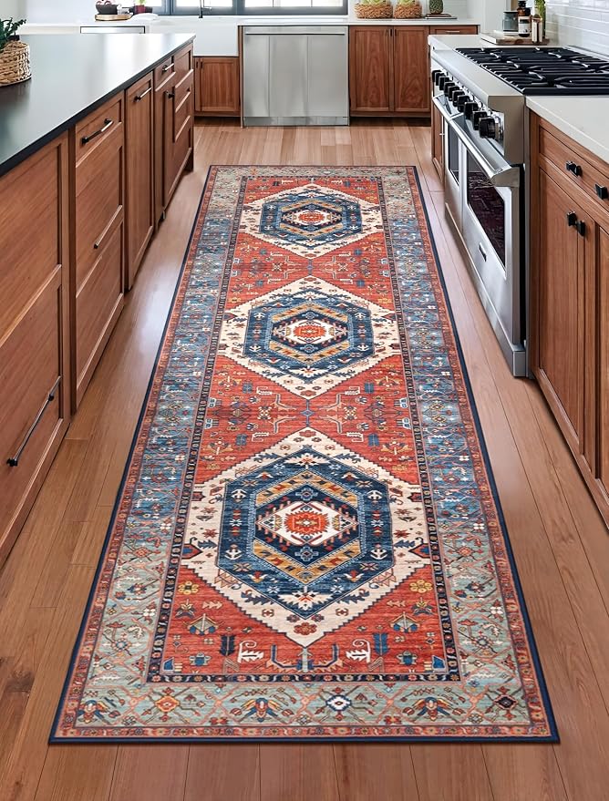 SERISSA 2'6"x8' Washable Non Slip Boho Runner Rug for Hallway，Rust | Ultra Soft Vintage Oriental Carpet Low-Pile Distressed Tribal Floor Carpet for Kitchen Bedroom Bathroom Laundry Room
