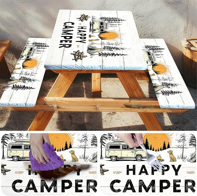 Picnic Table Cover with Bench Covers Elastic Edges, Outdoor Patio Camping Essentials 72 Inch 3PCS, Waterproof Camping Fitted Tablecloth with Handbags (Happy Camper)