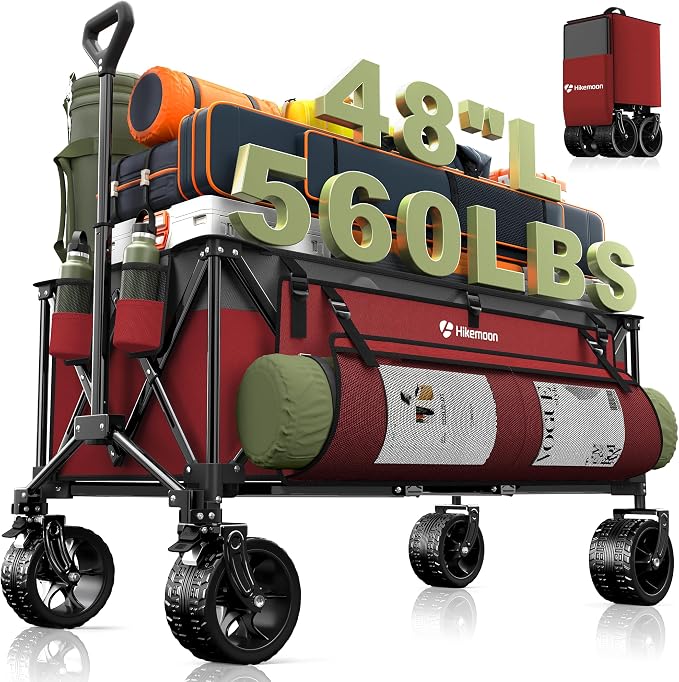 Hikemoon 300L Extra Large Wagons Carts Foldable, 560LBS Heavy Duty Collapsible Beach Wagon 48" Long with Big All-Terrain Wheels, Utility Folding Cart for Camping, Grocery, Sports, Garden, Red & Grey