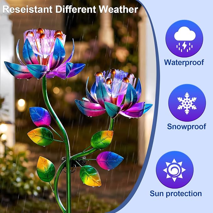 Solar Wind Spinners Blue Twin Flowers for Yard and Garden, Solar Windmill Garden Whirligig Kinetic Spinners Decor for Lawn, Patio, Yard, Metal Wind Outdoor Sculpture