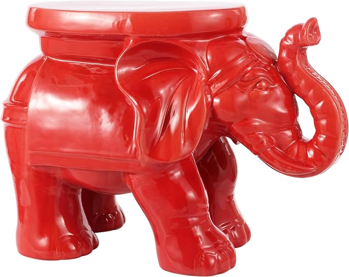 JONATHAN Y White Elephant 14.25" Glazed Ceramic Elephant Garden Stool, Weather-Resistant Indoor/Outdoor Patio Side Table and Plant Stand, Bohemian, Red TBL1007B
