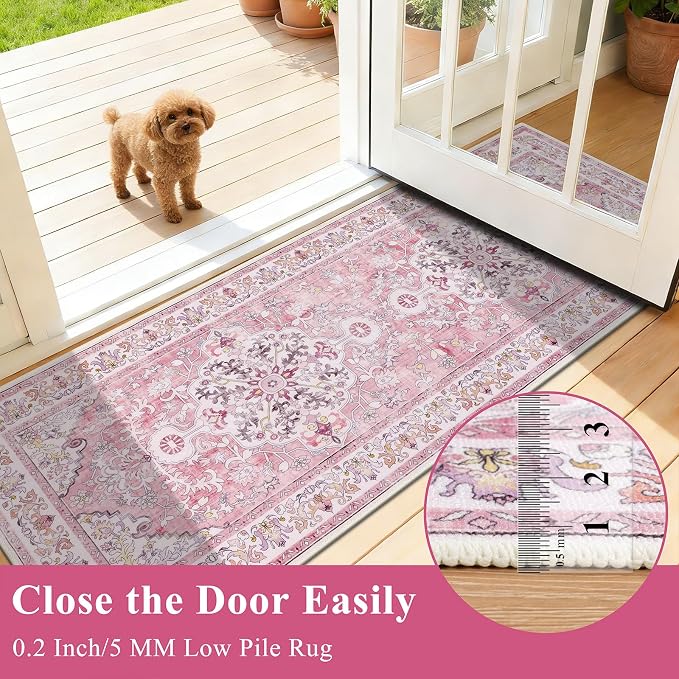 U'Artlines 2' x 6' Boho Hallway Runner Rug, Washable Carpet, Pink | Non Slip, Vintage Farmhouse Accent Area Rug Carpet, for Kitchen Entryway Laundry and Living Room