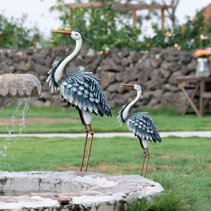 TERESA'S COLLECTIONS Garden Decor Blue Heron Sculptures & Statues Decor, 33.8 Inch Coastal Metal Cranes Decoy for Outdoor Outside Yard Art Patio Pond Pool Lawn Decorations,Housewarming Gift