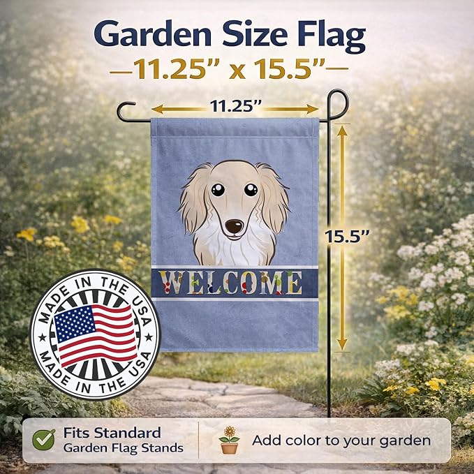 Caroline's Treasures BB1398GF Longhair Creme Dachshund Welcome Garden Flag, Blue Mailbox Flag Decorative Yard Flag Banner Outside Patio Artwork Yard Flower Beds, Garden Size, Multicolor