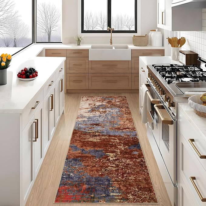 GarveeHome Machine Washable Runner Abstract Hallway Rugs 2x6 Red | Non-Slip Backing, Stain-Resistant Low Pile Floor Cover, Colorful Indoor Mat, Bedroom, Kitchen, Laundry