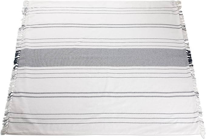Picnic TIME Montecito Picnic Blanket with Harness, Large 60" x 70" Outdoor Blanket, Woven Cotton Top with Water-Resistant Poly Duck Backing, Sandproof Beach Mat for Camping & Travel (White & Blue)