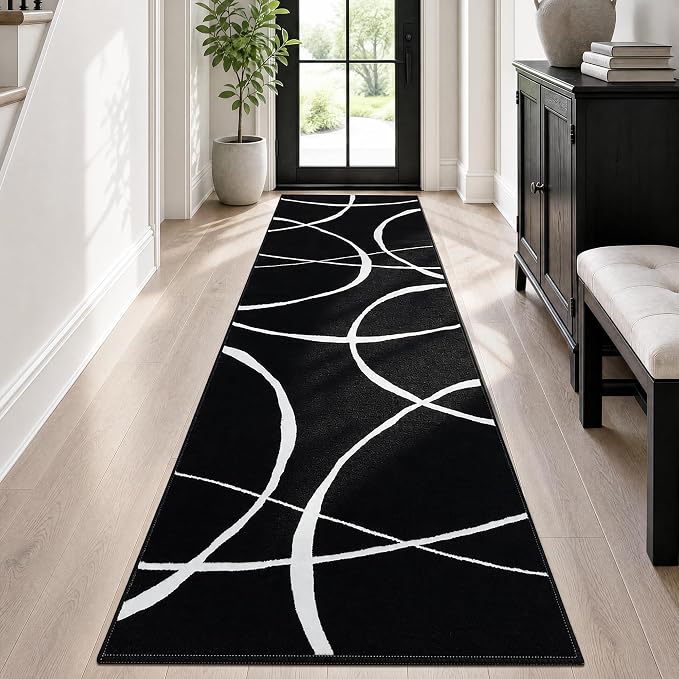 2x6 Washable Modern Black White Kitchen Runner Rug | Ultra-Thin Low Pile, Non-Slip TPE Backing, Soft Stain Resistant, Machine Washable, for Bedroom Livingroom High Traffic