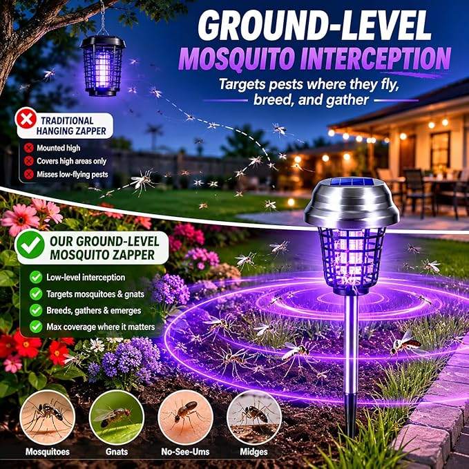 2026 Mosquito Repellent Outdoor Patio Solar Bug Zapper Outdoor Mosquito Zapper for Moths,Gnats,Flies,Small Flying Insect,Gnat Killer for Vegetable Beds,Electric Fly Zapper for Backyard,Garden 4Pack