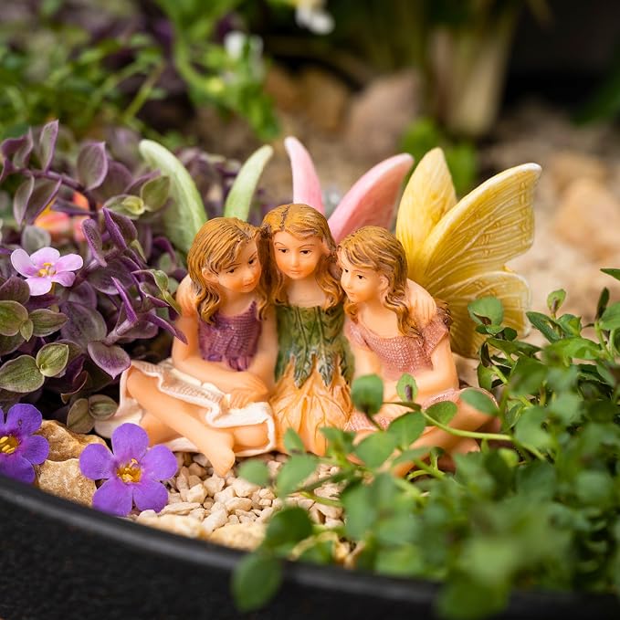 PRETMANNS Fairies for Fairy Garden Accessories Outdoor Indoor Miniature Garden Figurines Hand-Painted Resin Fairy Figures Set 3 Sitting Sisters Fairy Buddies | Hand-Painted Resin Figurines, Outdoor or Indoor Miniature Garden Accessories