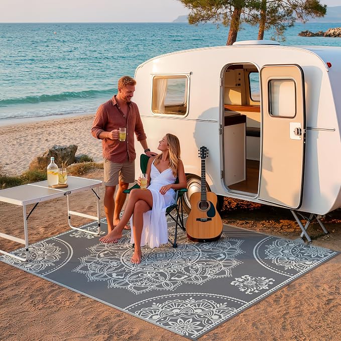 Pauwer Waterproof Outdoor Rug 8x10, Reversible Plastic Straw Patio Camping Rug, Indoor Outdoor RV Mat Carpet for Deck, Camper, Porch, Balcony, Backyard, Picnic, Floral Grey