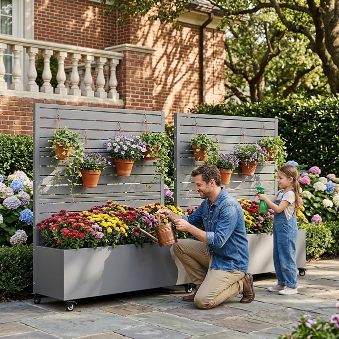 Casaphoria Metal Raised Garden Bed with Trellis and Wheels, 47"x47"x16" Planter Box for Climbing Plants, Vegetables & Vines, Features Drainage Holes and Privacy Screen (Grey-Louvered)