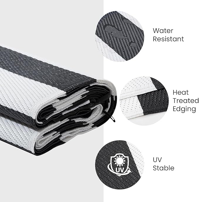 Outdoor Rug Waterproof 5 x 8 ft, Reversible Plastic Straw Rug for Patio, Large Outdoor Carpet for RV, Patio, Camping, Backyard, Deck, Picnic, Beach, Black & White