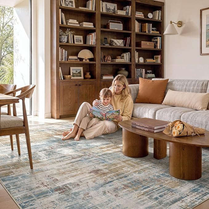 UERMEI 12x15 Area Rug for Living Room Washable Abstract Blue Brown Carpet | Extra Large Soft Low Pile Stain Resistant Non Slip Kid Pet Friendly Open Floor Plan Rug For Bedroom Dining Office