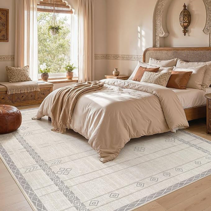 cotiled 6x9 Area Rugs for Living Room: Boho Washable Rug for Dining Room | Stain Resistan Indoor Soft Carpet for Bedroom Nursery Beige Grey