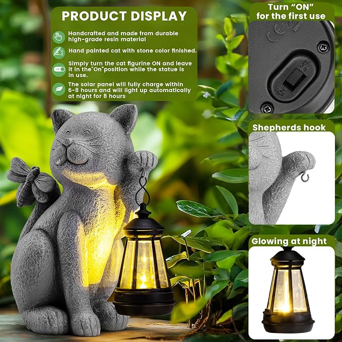 Solar Garden Outdoor Statues Cat with Solar Lantern,Outdoor Cat Figurines Decorations,Lawn Home Decor for Patio, Balcony, Yard Ornament,Unique Housewarming and Birthdays Gifts for Mom Women Grandma