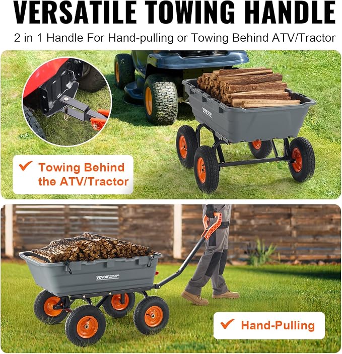 VEVOR Heavy Duty 1200lbs 7 Cu.Ft Wheelbarrow Garden Dump Cart Wagon | 2-in-1 Convertible Handle to Trailer For ATV Mower Tractor, 13in All Terrain Wheels