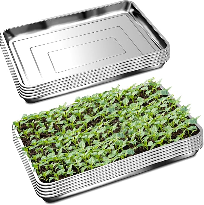 RooTrimmer 10 Pack Large Stainless Steel Seedling Trays, Heavy Duty Metal Water Catch Trays for Nursery Pots Transplant, Seed Germination & Propagation Flats (17.5 inch×13.56 inch, 1.18" Height)