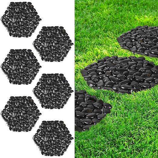 River Rock Stepping Stones Outdoor for Garden Walkway, 12 inch 6 Pcs Hexagon Shape Paver Step Stones Polished Pebble River Stone Mat for Yard Lawn Patio Pathway Walk Way - Black