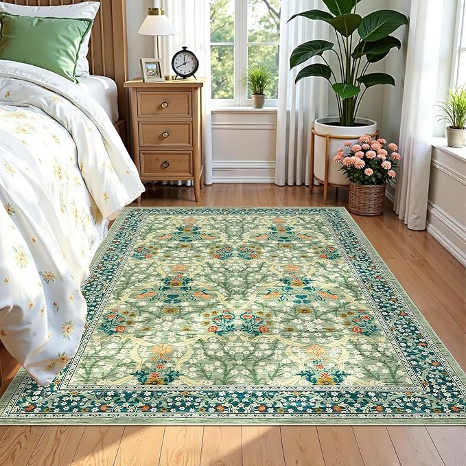 GarveeHome 4x6 Washable Area Rug for Living Room, Floral Large Entryway Kitchen Rug Non Slip, Ultra Soft Stain Resistance Carpet for Bedroom Laundry Room, Sage Green