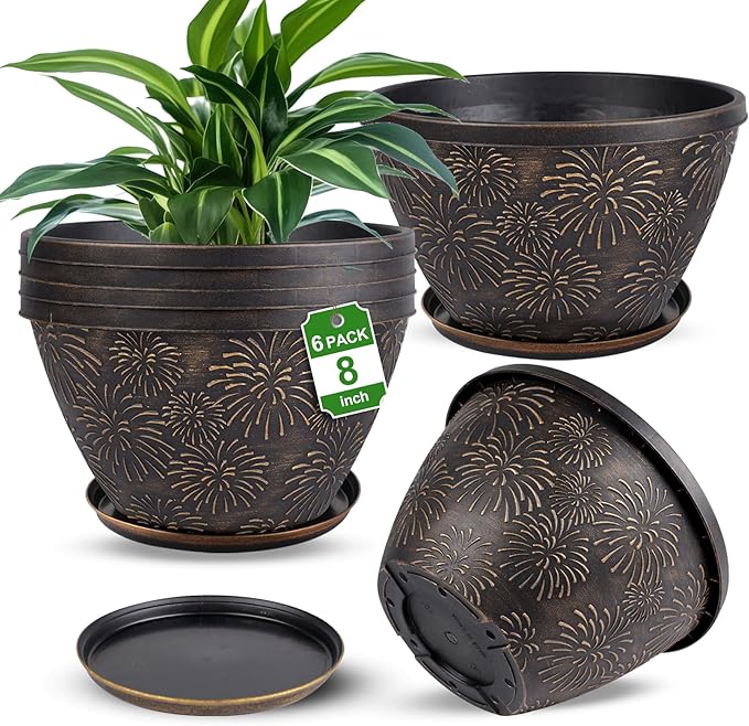 Nooulap 6 Pack 8 Inch Plant Pot, Flower Pots for Indoor Outdoor, Durable Decorative Planters for House Garden Plants Herbs Flowers Succulents, Antique Gold Firework Embossed Design