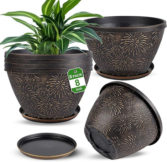 Nooulap 6 Pack 8 Inch Plant Pot, Flower Pots for Indoor Outdoor, Durable Decorative Planters for House Garden Plants Herbs Flowers Succulents, Antique Gold Firework Embossed Design