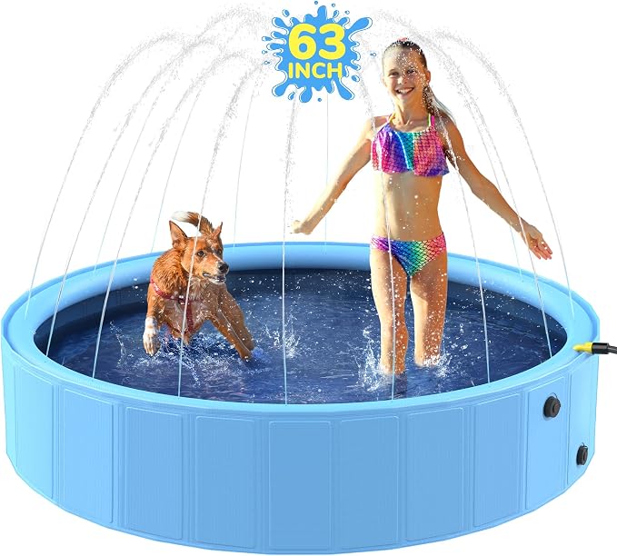 63'' Foldable Dog Pool, Sprinkler Pool for Kids, Non-Slip Heavy Duty Dogs Splash Pad for Small Dogs, Hard Plastic Kiddie Bathtubs for Backyard（2XL-162Gal）