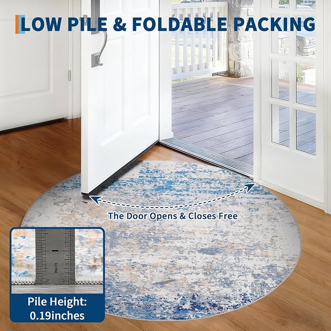 ROYHOME Modern Abstract 8x8 Round Area Rug Non Slip, Blue/Grey | Non Shedding Rug Low Pile Stain Resistant for Bedroom Living Room office Dining Room